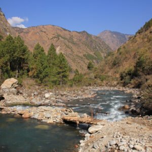 Simple timber bridge and Langtang Khola, river in Nepal.