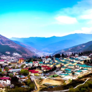 Panoramic view of Thimphu city in Bhutan with traditional buildings, mountain valley, and clear blue sky
