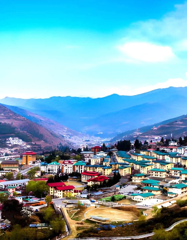 Panoramic view of Thimphu city in Bhutan with traditional buildings, mountain valley, and clear blue sky