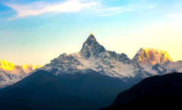 Fishtail Mountain Machhapuchhre view from Sarangkot at sunrise with snow peaks and Himalayan skyline