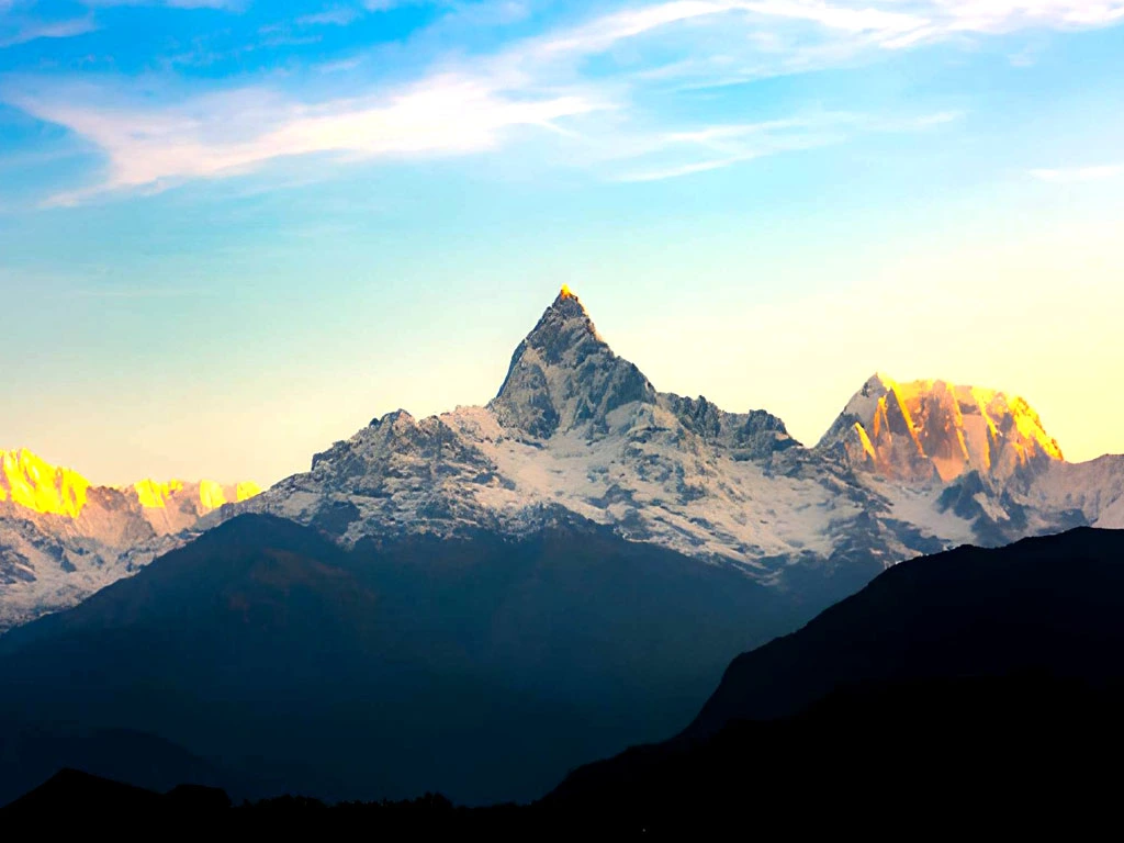 Fishtail Mountain Machhapuchhre view from Sarangkot at sunrise with snow peaks and Himalayan skyline