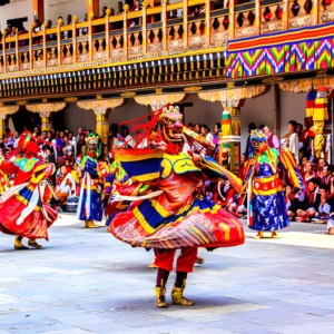 Traditional masked dance in Bhutan performed during Tshechu festival with colorful costumes and monastery courtyard