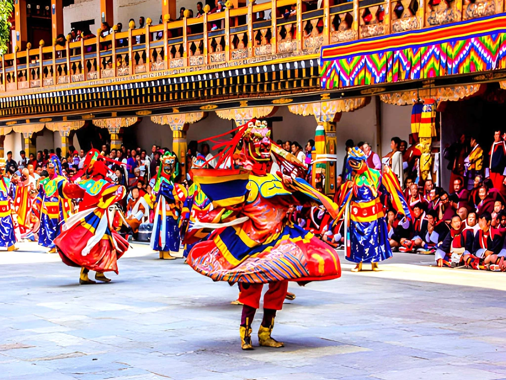 Traditional masked dance in Bhutan performed during Tshechu festival with colorful costumes and monastery courtyard