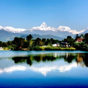 Phewa Lake in Pokhara with reflection of Fishtail Mountain Machhapuchhre and Annapurna range