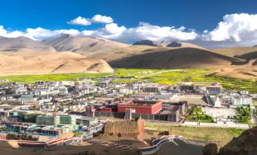 Sakya Village in Tibet with traditional Tibetan houses and Sakya Monastery set against the high plateau landscape.