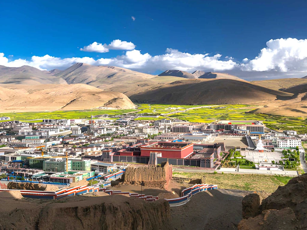 Sakya Village in Tibet with traditional Tibetan houses and Sakya Monastery set against the high plateau landscape.