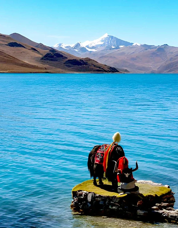 Yamdrok Lake near Gyantse in Tibet with a yak grazing beside the turquoise sacred lake and Himalayan mountains.
