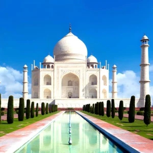 Taj Mahal in Agra, India, with reflecting pool and white marble domes