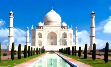 Taj Mahal in Agra, India, with reflecting pool and white marble domes