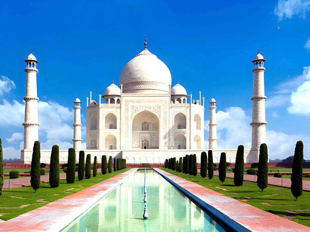 Taj Mahal in Agra, India, with reflecting pool and white marble domes