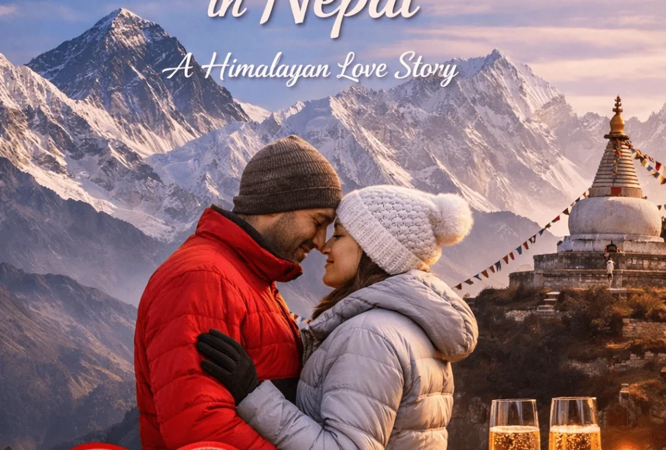Romantic couple celebrating Valentine’s Day 2026 in Nepal with Himalayan mountain view and 10% cashback travel offer