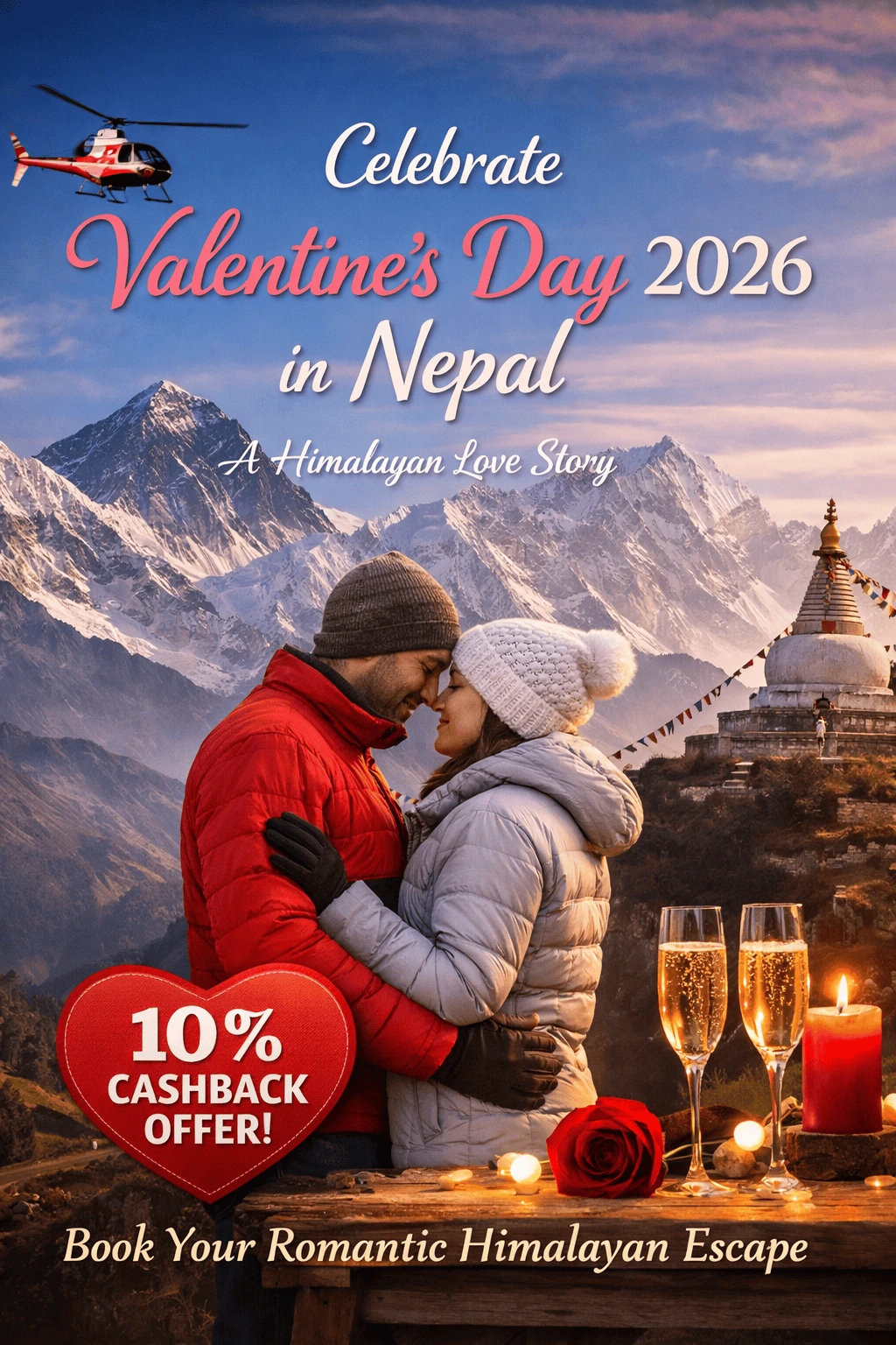 Romantic couple celebrating Valentine’s Day 2026 in Nepal with Himalayan mountain view and 10% cashback travel offer