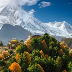 Buddhist monastery and Manaslu mount in Himalayas