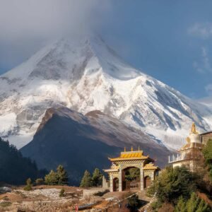 Manaslu mountain peak, eighth highest peak in the world behind Tibetan monastery, Himalayas mountain, Nepal