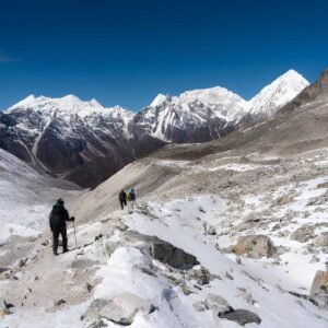 Trekking trail to Larkya pass in Manaslu circuit trekking route, Himalaya mountains range in Nepal